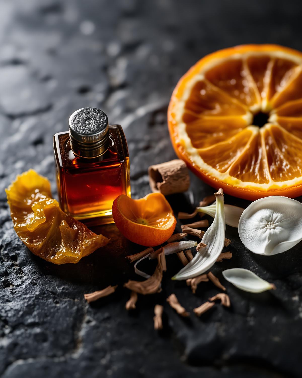 Ingredientes de perfumaria: resina âmbar, casca de cítrico e madeira sobre pedra escura
