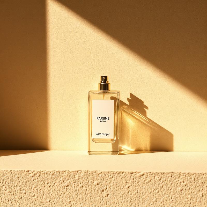 Frasco de perfume em luz baixa sobre superfície de pedra